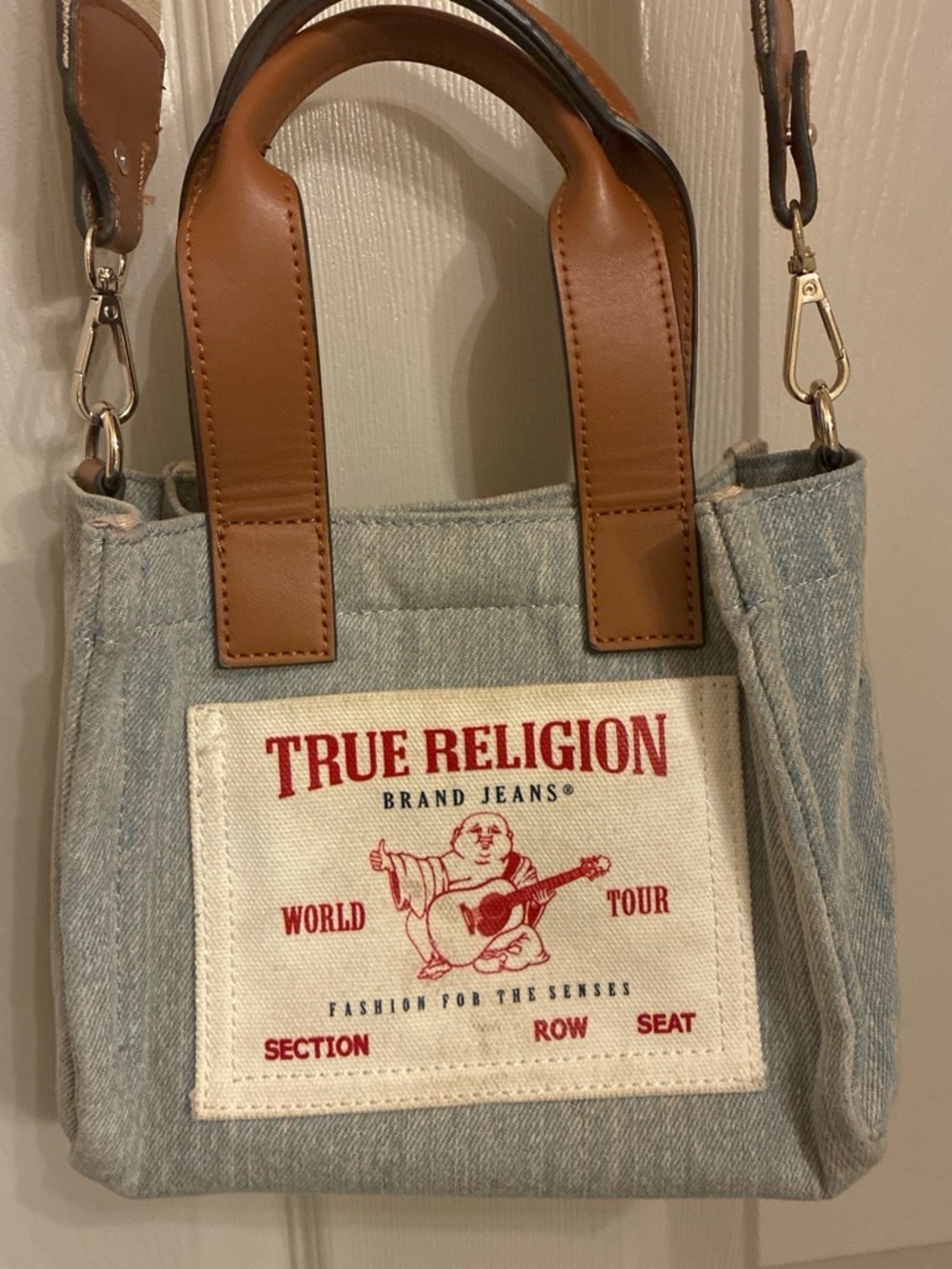 True Religion Light Denim Tote with Brown Leather Handles